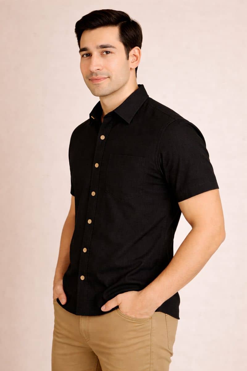 black linen shirt men side view