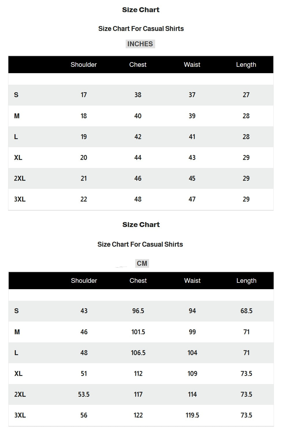 Size chart for casual shirts of crefa in both inches and centimeters