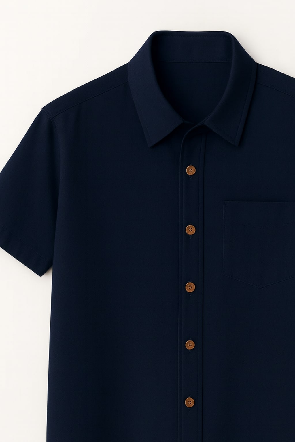 Navy blue shirt with brown buttons on a white background