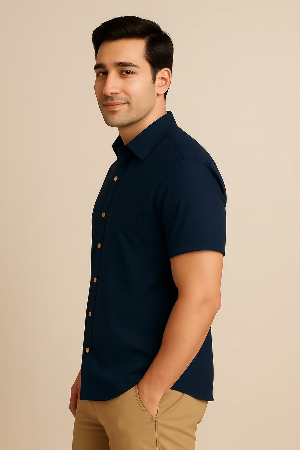 Man wearing a navy blue shirt with buttons on a khaki pants